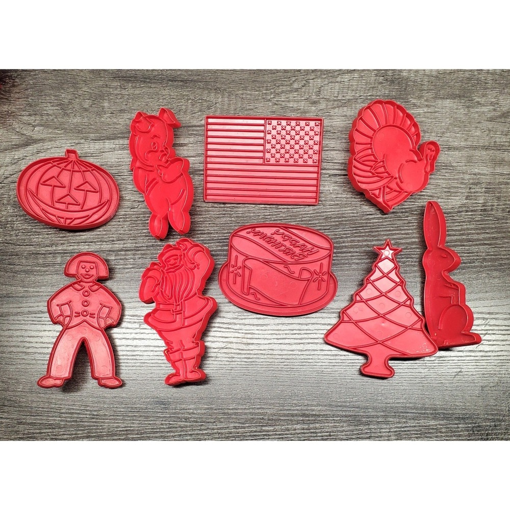 Vintage Tupperware Cookie Cutters Red Plastic Set Of 9 Retro Santa Tree Flag EUC
